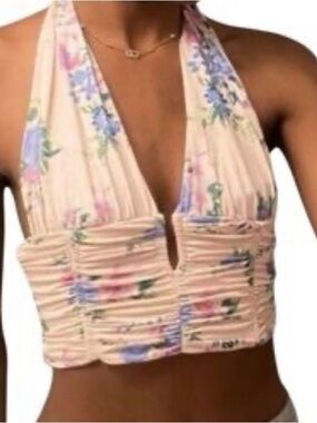 Zara halter crop top Light pink floral print Deep V Ruching NWT XL Feminine